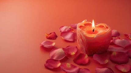 Love and Romance Concept with Heart-Shaped Candle and Rose Petals on Pastel Pink Background