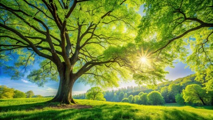 Obraz premium Scenic spring morning under lush green treetop, spring, morning, lush, green, treetop, tree, branches, leaves, beautiful