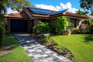 A photograph of solar panels installed on a suburban house, with sunlight reflecting off the panels and contributing to energy savings