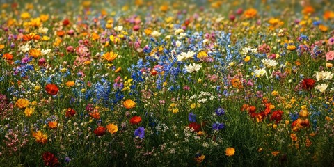 Colorful wildflowers bloom in a green field.