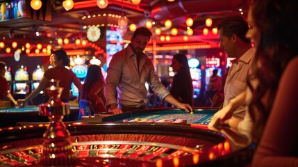 Naklejka premium A lively casino at night, with gamblers gathering at the roulette tables in an atmosphere of celebration and excitement.