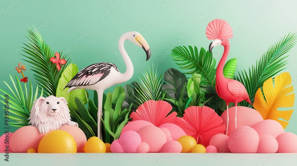 Wall mural Tropical Flamingo and Dog  Scene.