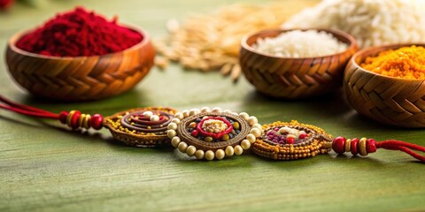 Fototapeta premium Celebrate Raksha Bandhan with a traditional wrist band Rakhi, rice grains, and kumkum, Raksha Bandhan