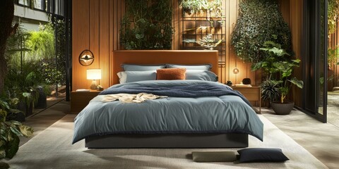 A bed with blue bedding in a modern, plant-filled room.