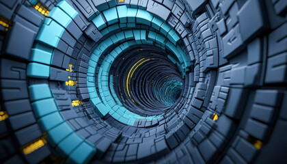 Fototapeta premium Futuristic tunnel with intricate geometric patterns and neon lights, creating a surreal digital atmosphere.