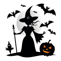 Fototapeta premium Halloween Witch black silhouette on a broomstick with bats, pumpkin isolated on a white background, Vector illustration