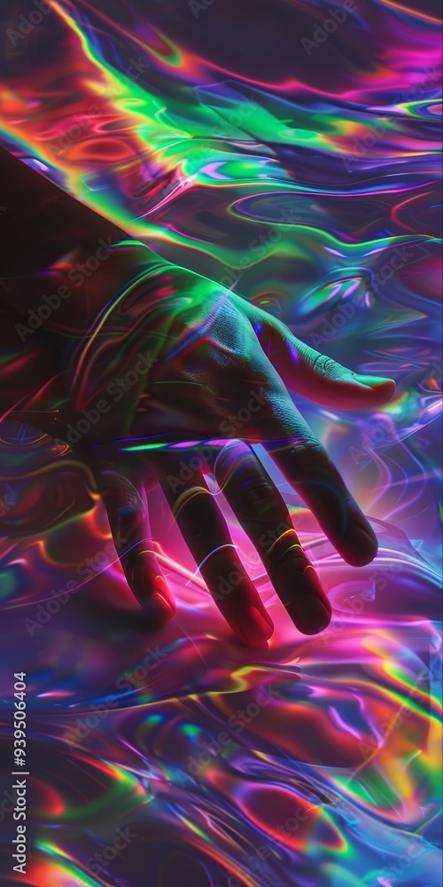 Canvas Prints A hand reaches out, interacting with a spectrum of multicolor light, merging with the vibrant hues in a stunning artistic expression of connection and human touch.