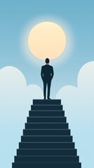 Obraz premium A silhouette of a businessman standing on stairs, gazing at the sun with clouds in the background, symbolizing achievement.