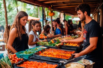 Obraz premium People enjoying a vibrant outdoor market featuring fresh vegetables, fruits, and local delicacies during a sunny afternoon