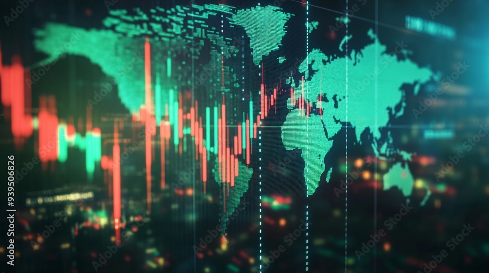 Aufkleber stock market graph with green and red candlesticks, world map in the background