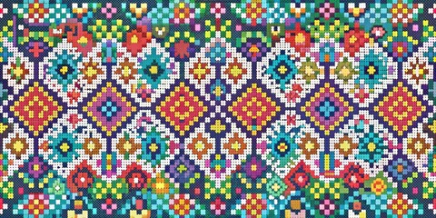 Colorful pixel art pattern with random decor on extra large background, abstract, geometric, digital, design, vibrant
