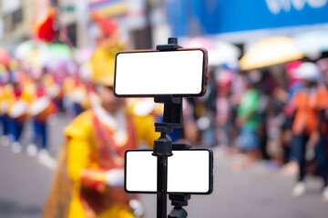 Selective focus, close up of a cellphone doing live streaming