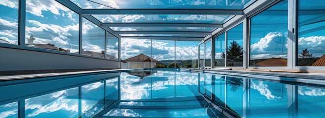 Obraz premium Indoor Swimming Pool with Glass Roof and Sky Reflections