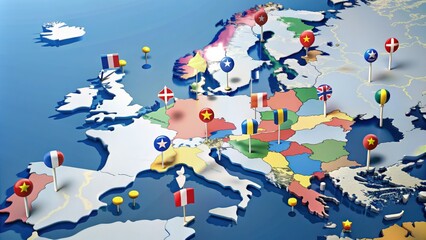 Fototapeta premium Europe map with flags of countries represented by location pins, Europe, map, flags, countries, location pins