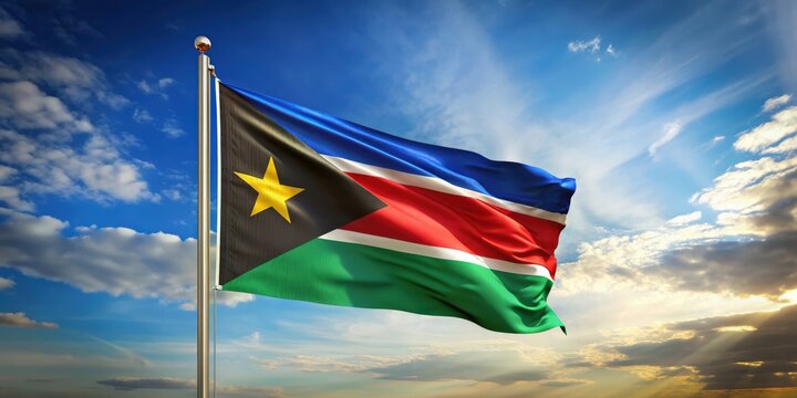 South Sudan flag waving proudly in the wind, South Sudan, flag, national, pride, independence, African, symbol, red, black