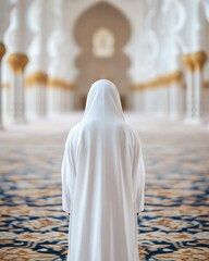Open Quran on marble floor in mosque hallway.