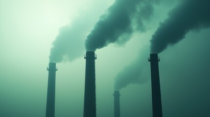 Industrial smokestacks emitting thick smoke into a hazy atmosphere, illustrating environmental pollution and industrial activity.