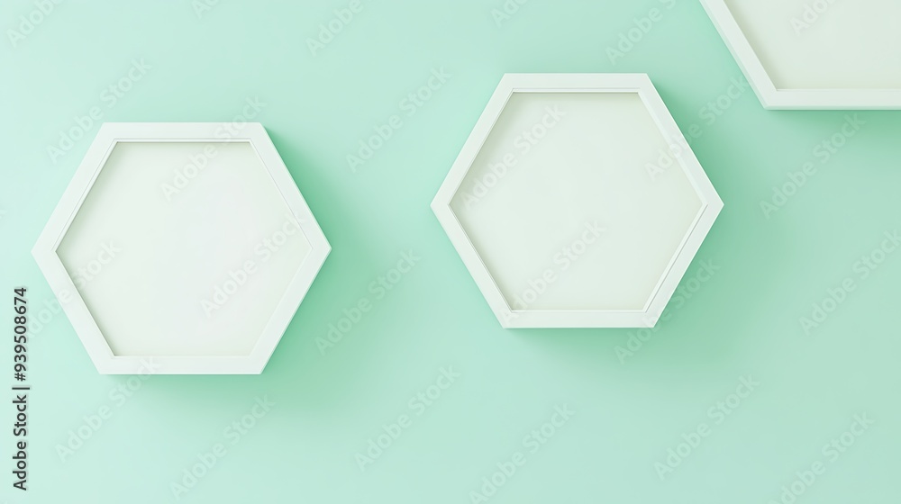 Poster minimalistic 3d render of layered hexagons on light green background