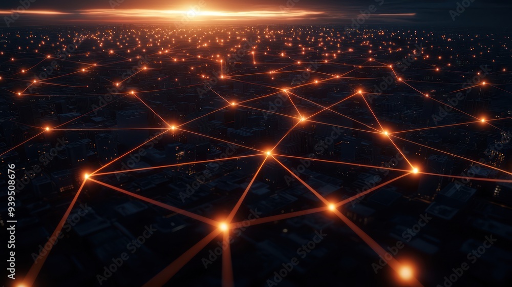 Poster aerial view of a network illuminated by glowing connections, highlighting technology and innovation 