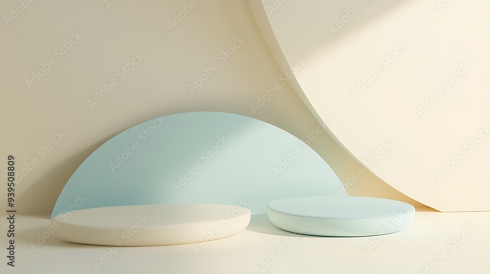 Poster minimalistic 3d render of blending smooth oval shapes on ivory background with light blue accent
