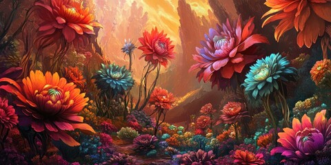 Colorful flowers in a mystical canyon.