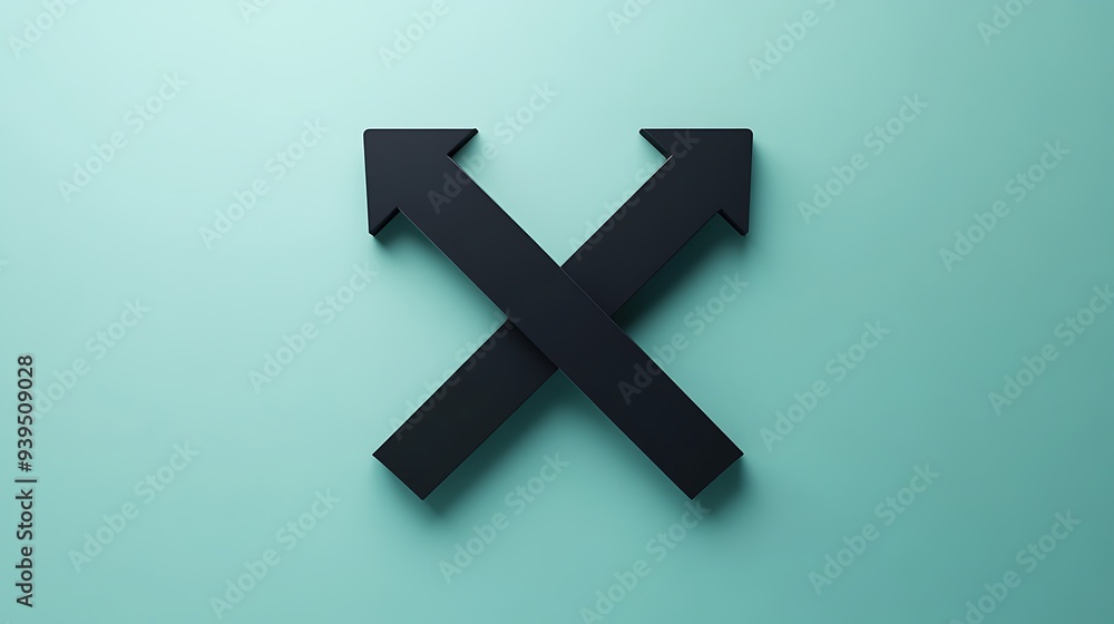 Poster minimalistic 3d render of crossed arrows on mint green background with sharp shapes