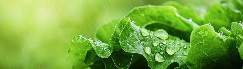 Fresh green lettuce leaves adorned with water droplets, showcasing nature's beauty and healthy eating.