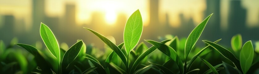 Fototapeta premium Vibrant green leaves emerging against a city skyline during sunset, symbolizing growth and urban nature.