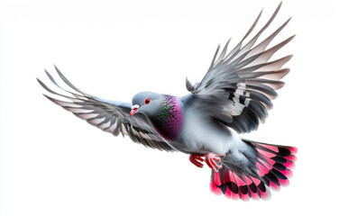Fototapeta premium A stunning image of a colorful pigeon in flight, showcasing its vibrant plumage and graceful wings against a white background.