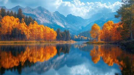 Obraz premium Autumn lake with reflections of fall trees perfect for tranquil and peaceful backgrounds