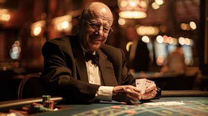 A smiling dealer in a cool black suit deals cards at a baccarat table under dim lighting, emphasizing the mysterious atmosphere.