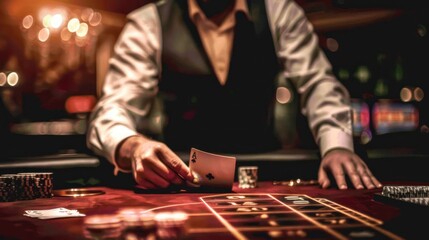 A smiling dealer in a cool black suit deals cards at a baccarat table under dim lighting, emphasizing the mysterious atmosphere.