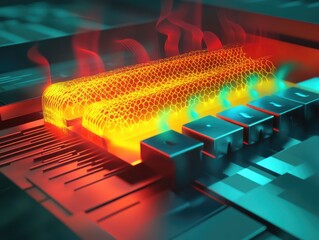 Close-Up of Futuristic Electronic Circuit Board with Glowing Conductive Pathways and Heat Simulation