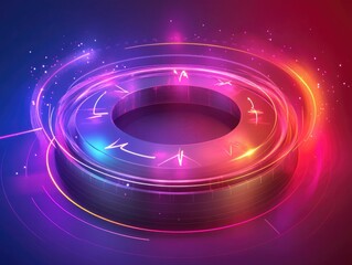 Futuristic Neon Circular Interface with Vibrant Light Trails and Digital Effects