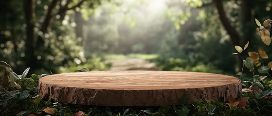 A serene wooden platform set in a lush forest with soft sunlight filtering through the trees, perfect for nature-themed projects.