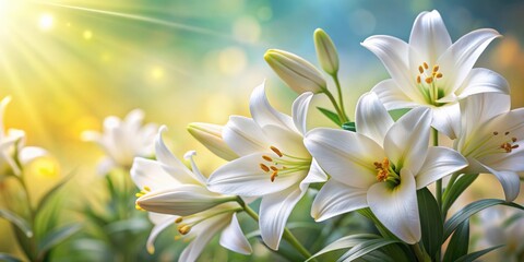 Obraz premium Beautiful close-up of white Easter lilies in full bloom on a blurred background, Easter, lilies, spring, flowers, white