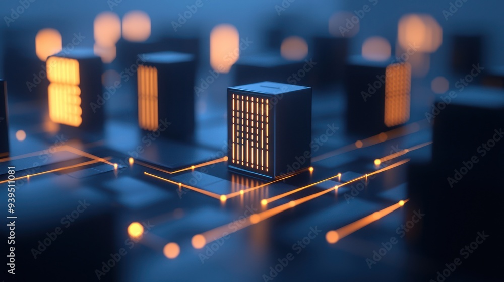 Poster abstract digital scene showcasing interconnected nodes with glowing circuits, representing modern te