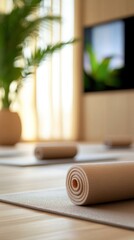 Calm yoga studio with rolled mats and natural decor for relaxation and mindfulness practice.