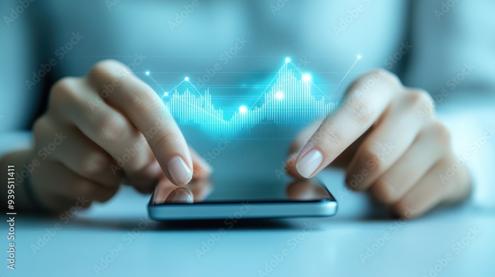 Poster hands operating a smartphone displaying a digital data chart, symbolizing technology, analytics, and