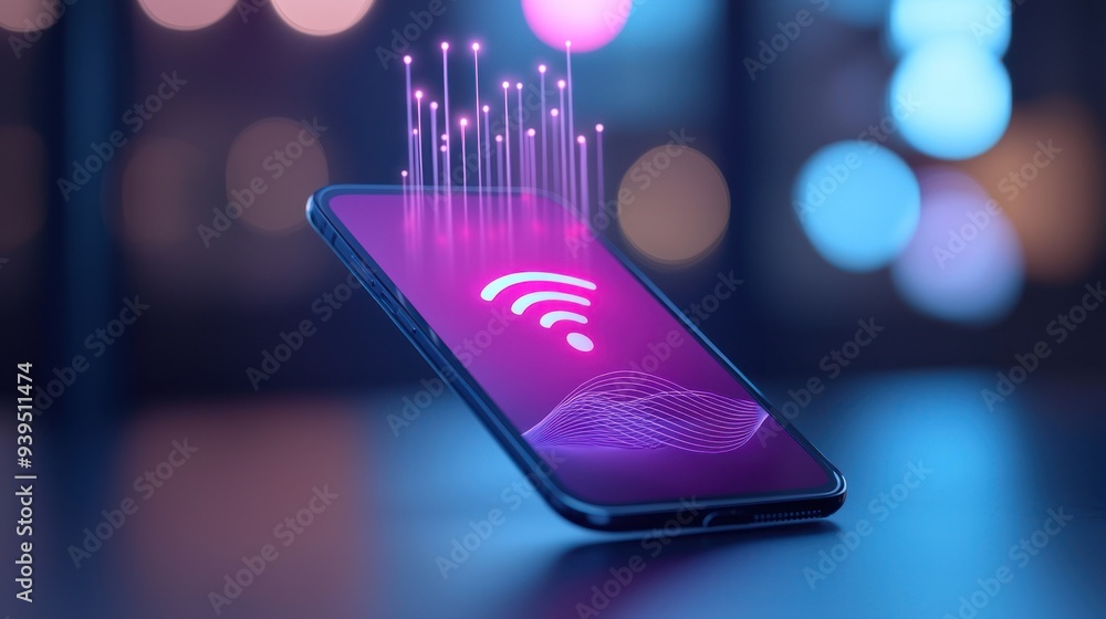 Poster a smartphone displaying a glowing wi-fi signal, symbolizing connectivity and modern technology in a 