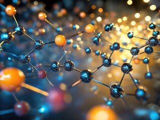 Abstract Molecular Structure with Glowing Spheres and Connecting Lines in Blue-Orange Color Scheme