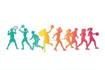 A colorful silhouette of a group of athletes playing various sports.