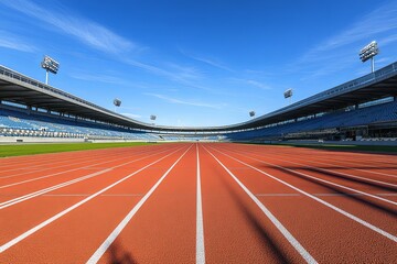 An empty running track at a sports stadium with a blue sky and white clouds.