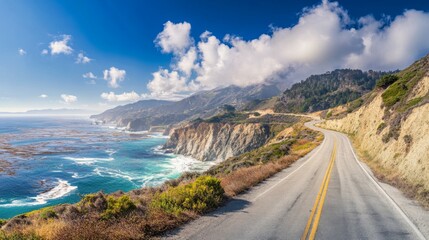 Wide shot of a coastal road with stunning ocean views and dramatic cliffs, under a bright, sunny sky