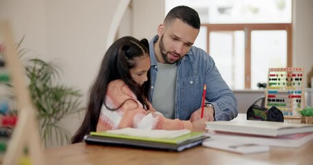 Father, daughter and homework with writing, helping and learning support at dining table of home. Family, girl child and man with communication, education and instructions in living room of house