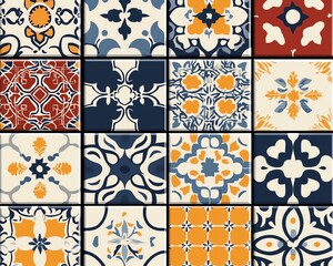 Colorful geometric pattern tiles with blue, orange, red and white colors.
