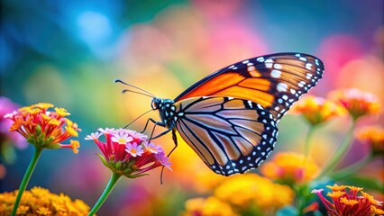 Fototapeta premium Beautiful close-up photo of a colorful butterfly resting on a flower, nature, insect, wings, vibrant, beauty, close-up