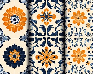 Set of three seamless floral patterns in blue and orange colors.