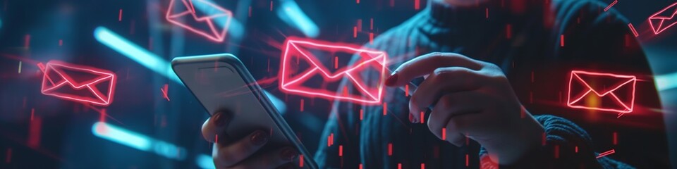 Fototapeta premium Warning notification and spam message icon on mobile phone people receiving security alert cyber scam protection. 