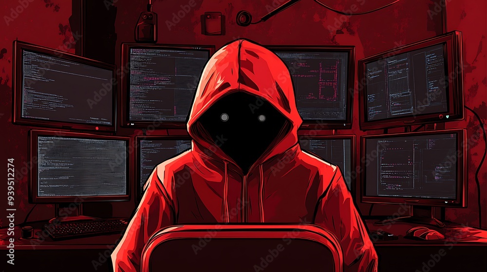 Poster cyberpunk hacker in red hoodie surrounded by monitors in dark room - m3 style vector illustration